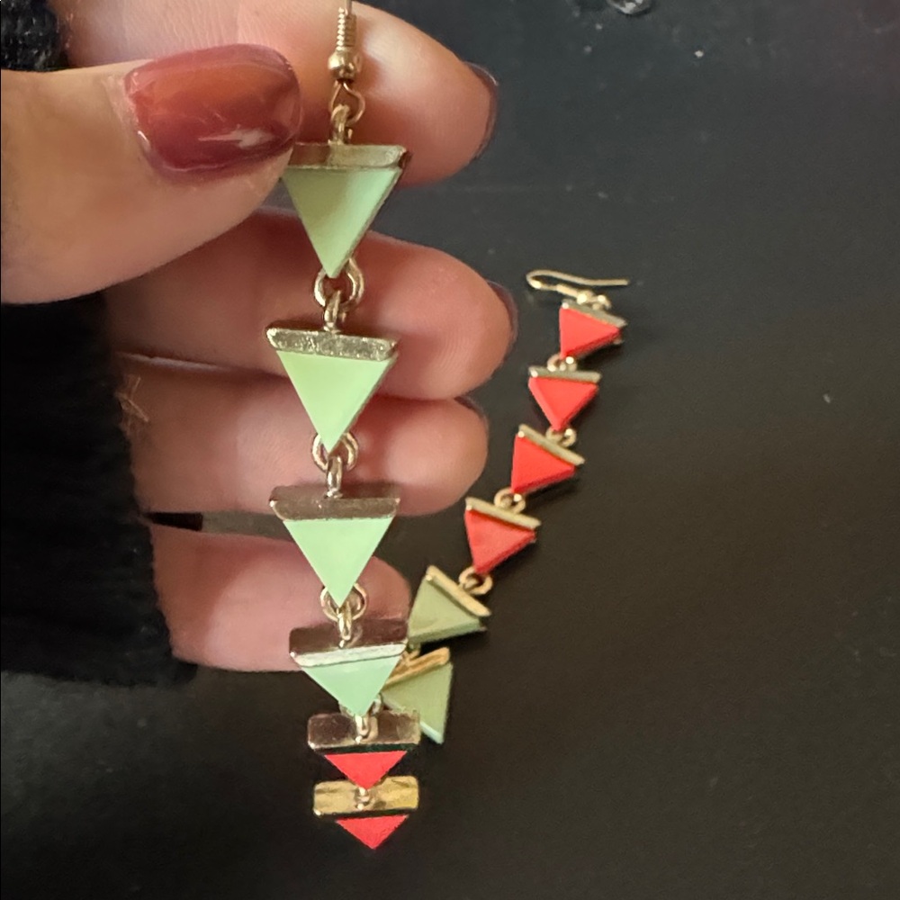 Long Triangle Drop Earrings - Red and Green - Picture 2 of 2